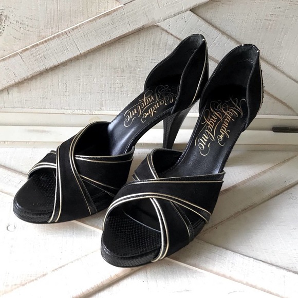 Alejandro Ingelmo Shoes - ALEJANDRO INGELMO Rita Heels In Black Suede with Gold accents (size 7.5)